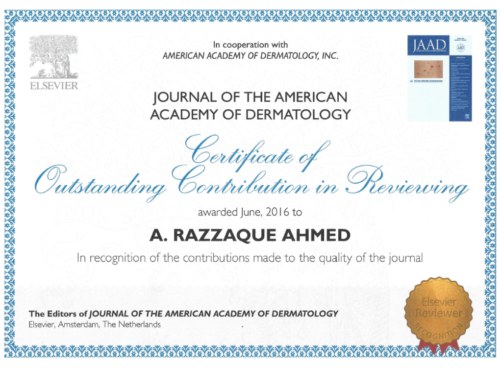 “Certificate of Outstanding Contribution in Reviewing” Journal of the American Academy of Dermatology 2016