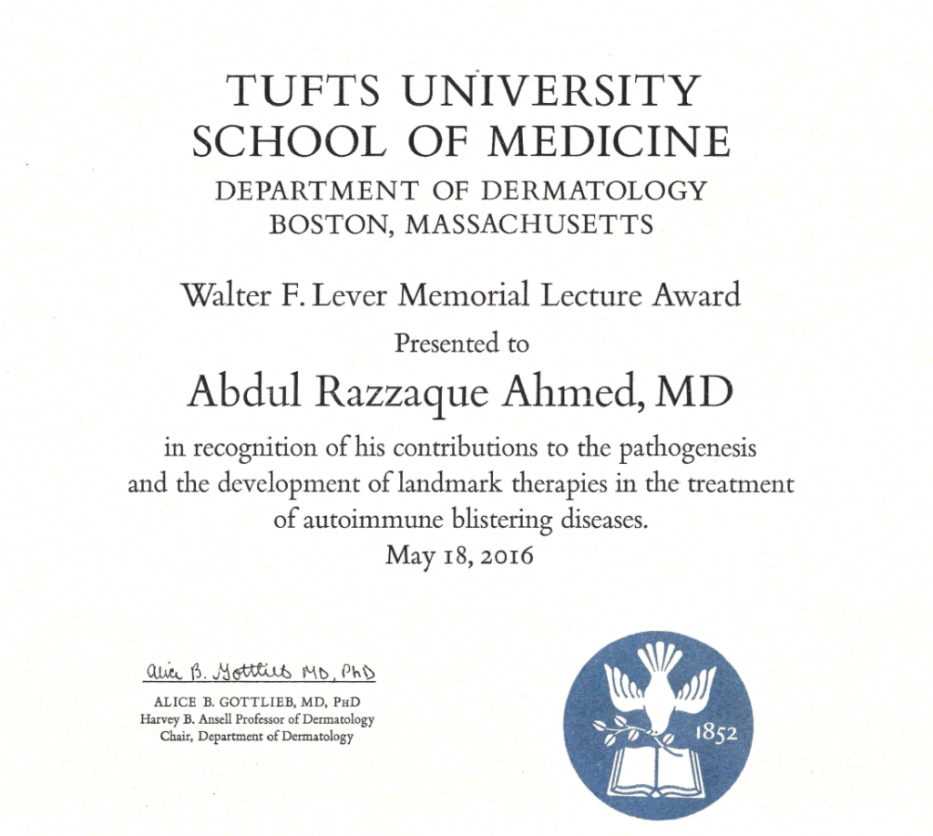 “Walter F. Lever Memorial Lecture Award” presented by Tufts University School of Medicine, Department of Dermatology