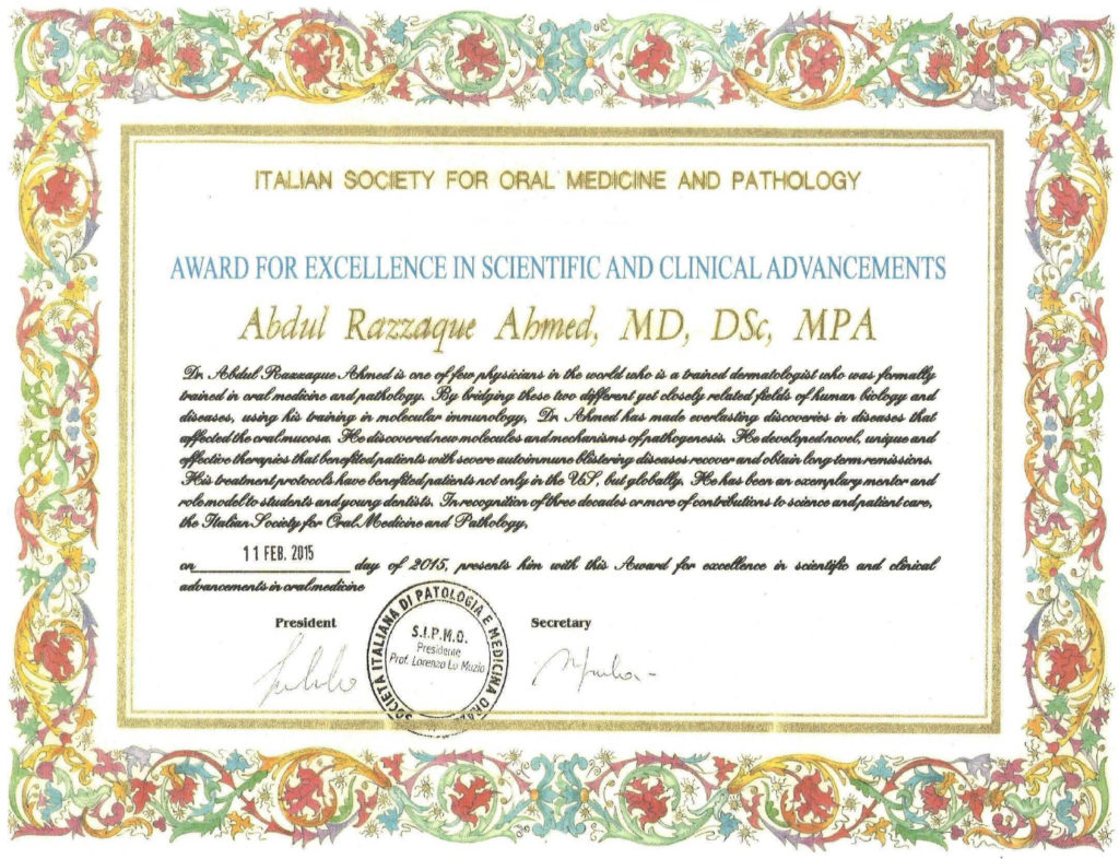 “Award for Excellence in Scientific and Clinical Advancements” presented by the Italian Society for Oral Medicine and Pathology
