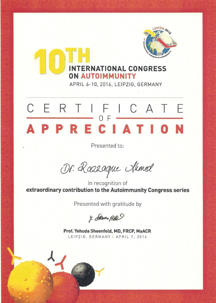“Certificate of Appreciation in Recognition of Extraordinary Contributions” presented by Profesor Yehuda Schoenfeld, President of International Congress on Autoimmunity